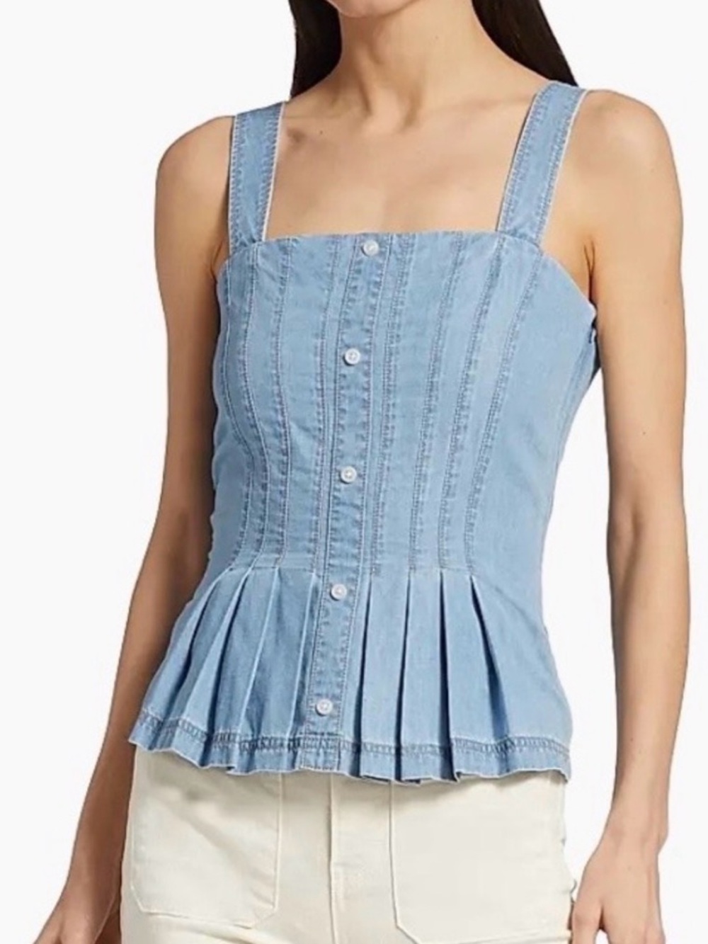 Veronica Beard Light Blue Denim Pleated Button-Front Cami Top